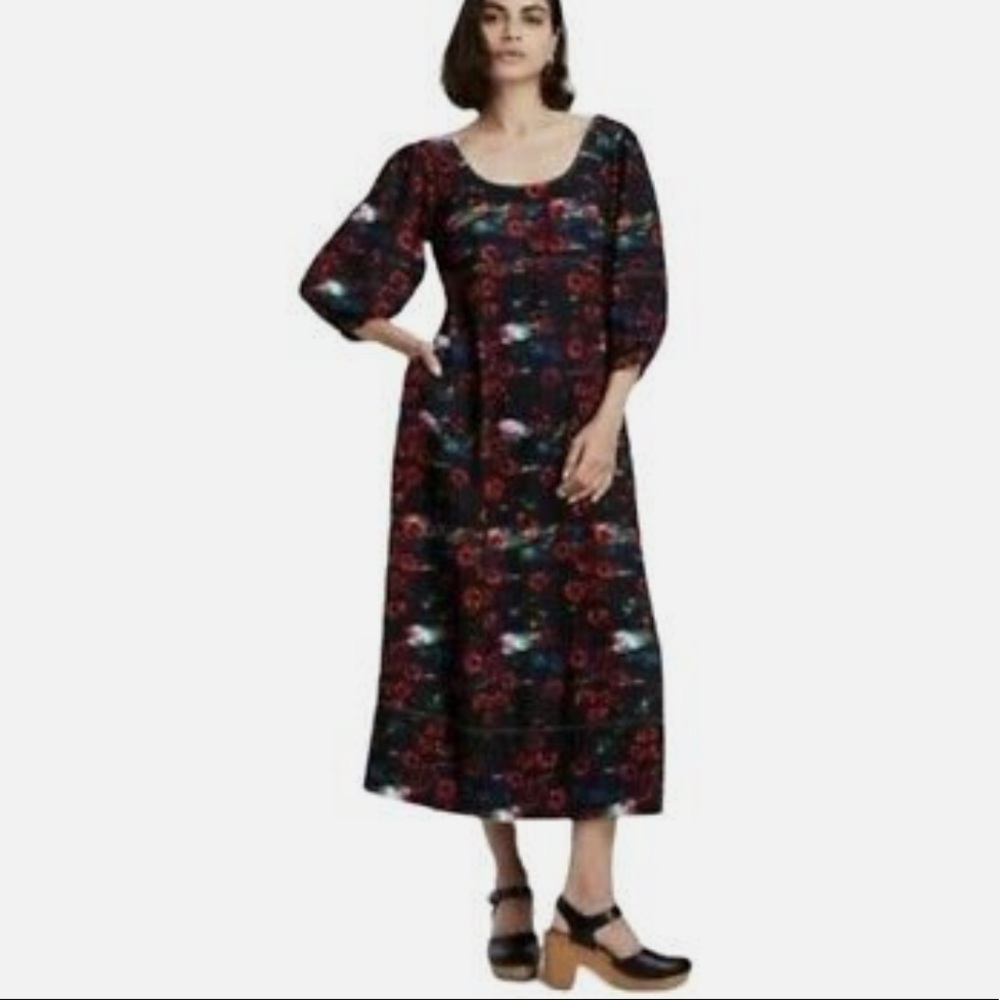 Rachel Comey x Target Black & red Floral 3/4 Sleeve midi Dress 2 scoop neck new